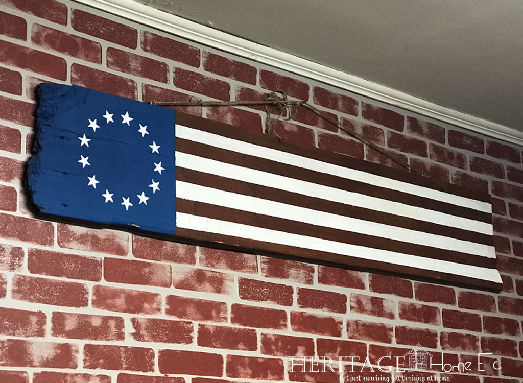 DIY Betsey Ross Barnwood Flag- Heritage Home Ec We love flags in this house and making this DIY Barnwood Betsey Ross Flag was so much fun.  Here is how... and I have a free printable stencil for you too!  | DIY | Crafts | Barnwood | Home Decor | Home Economics |