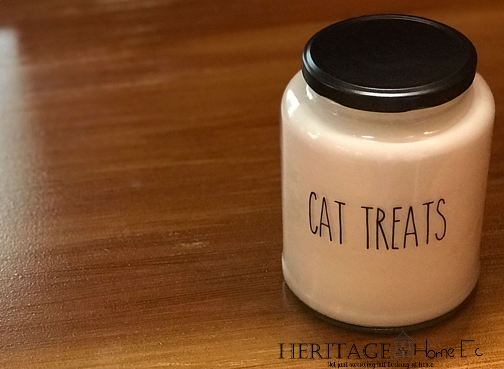 DIY Rae Dunn Inspired Treats Jar- Heritage Home Ec I adore the look of the Rae Dunn containers, just not the price.  So I created my own DIY Rae Dunn inspired treats jar.  Let me show you how!  | Crafts | DIY | Pets | Containers | Home Economics |