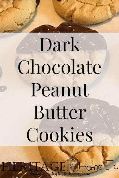 Dark Chocolate Dipped Peanut Butter Cookies- Heritage Home Ec These homemade Dark Chocolate Dipped Peanut Butter cookies are sure to please. Creamy peanut butter and dark chocolate. What could be better? | Dessert | Baking | Cookies | Sweets |
