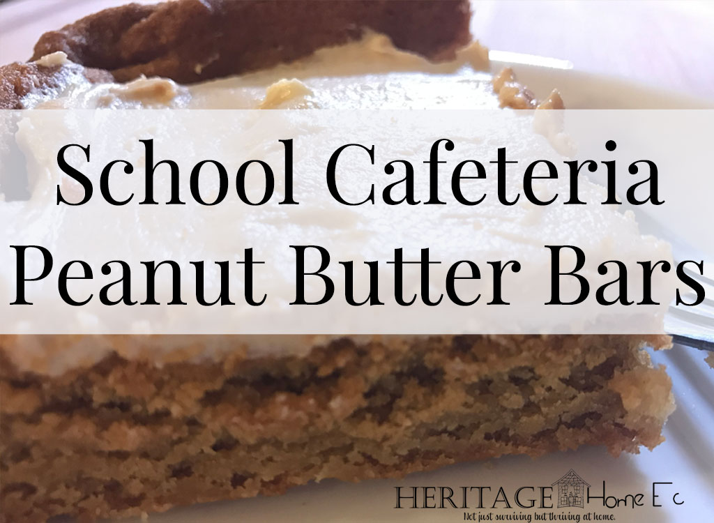School Cafeteria Peanut Butter Bars- Heritage Home Ec I love remembering the "good old days" of high school. One of the best things was getting school pizza and these peanut butter bars on the menu. | Food | Recipes | Snacks | Desserts | Peanut Butter Bars |