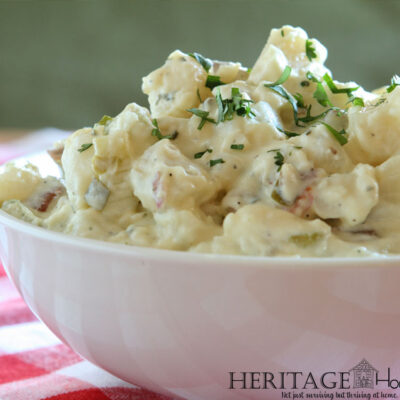 potato salad in bowl on red checkered table cloth garnished with chopped parsley