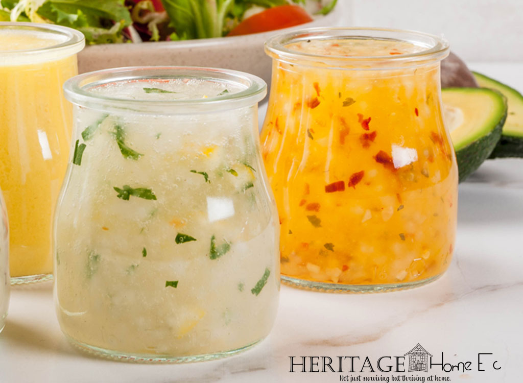 closeup of salad dressings in jars