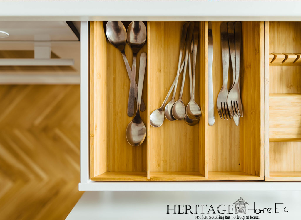 wood and white kitchen silverware drawer utensils spoons forks meal plan home economics
