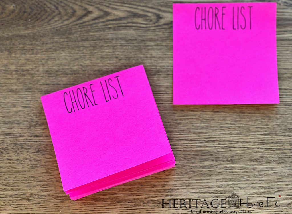 hot pink chore list printed Post-It notes