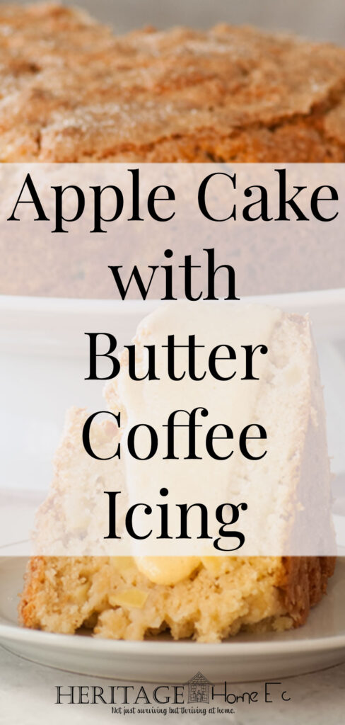 Apple Cake with Butter Coffee Icing- Heritage Home Ec Love apples but tired of plain old apple pie? Change up summer dessert by making my Apple Cake with Butter Coffee Icing. | Dessert | Apples | Fruit Cake | Recipes | Food |