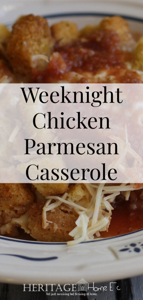 Weeknight Chicken Parmesan Casserole- Heritage Home Ec Need a quick dinner idea that the whole family will love? Try my easy Chicken Parmesan Casserole to put a smile on everyone's faces. | Food | Recipes | Comfort Food | 5 Ingredient | Dinner |