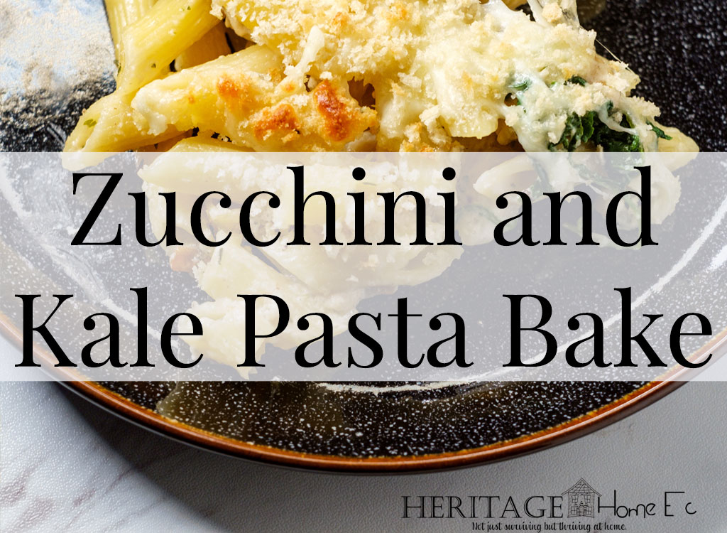 Zucchini and Kale Pasta Bake- Heritage Home Ec Need help to use up your zucchini and kale? This amazing Zucchini Kale Pasta Bake is so good no one will realize it's vegetarian. | Vegetarian | Food | Recipe | Fresh Produce | Freezer Cooking | Casserole |