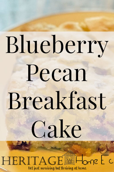 Blueberry Pecan Breakfast Cake- Heritage Home Ec Tired of the same old boring bowl of cold cereal? Glam up your breakfast by making a Blueberry Pecan Breakfast cake to feed your family. | Food | Baking | Breakfast | Homemade | Homemaking |