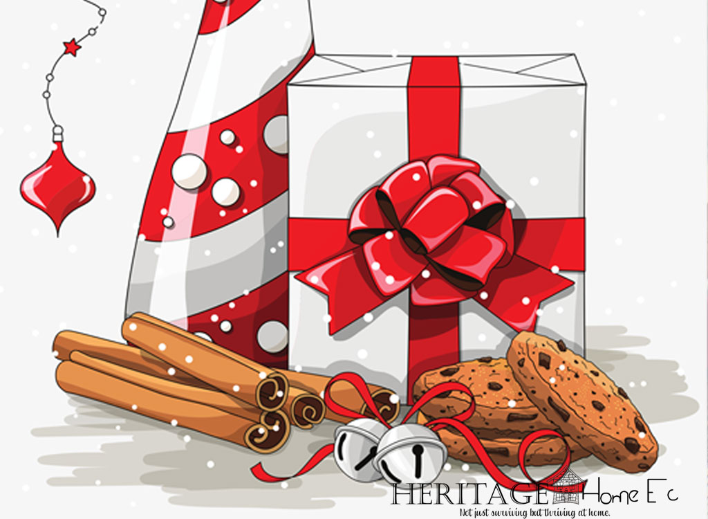 illustrated wrapped Christmas package next to candy cane Santa hat with cookies, cinnamon sticks and bells