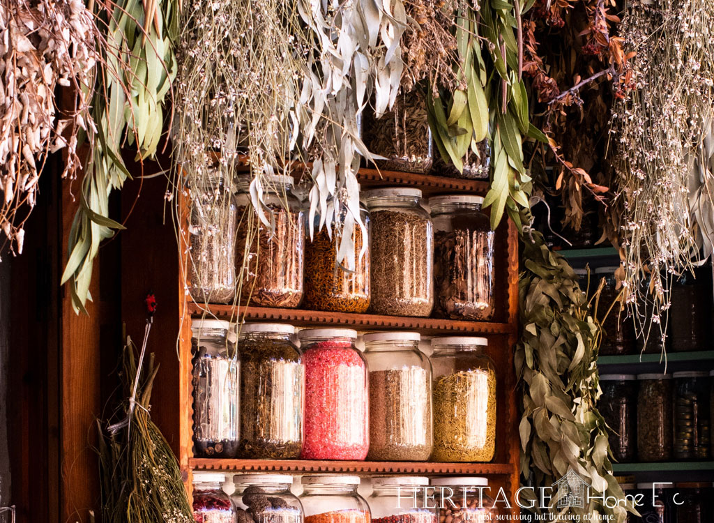open air spice market with hanging herbs and jarred herbs