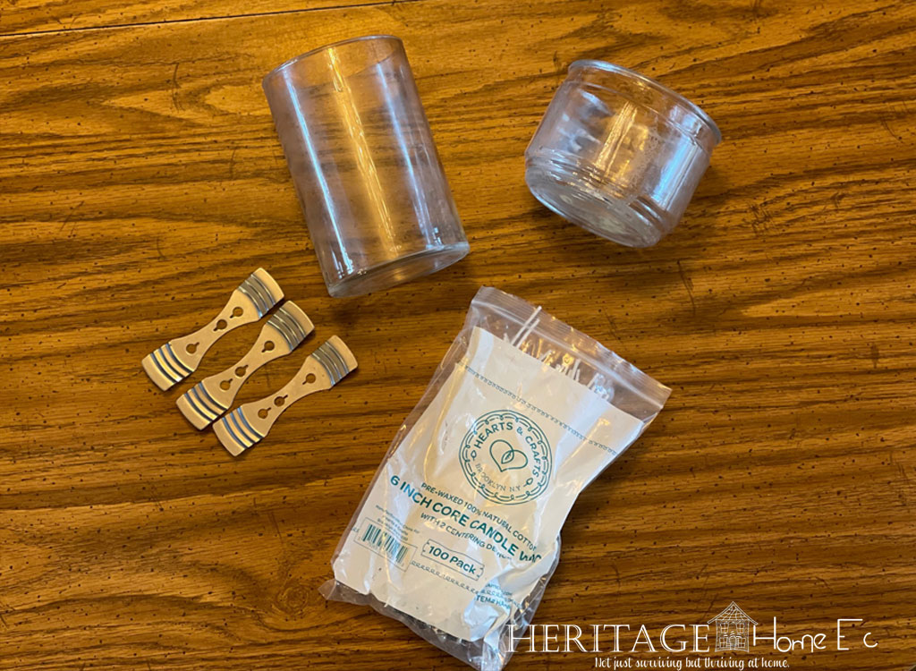 supplies to pour candles- containers, wicks and centering devices